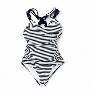 Kona Sol Navy Stripe Macramé Criss Cross Back One Piece Swimsuit Women's Medium